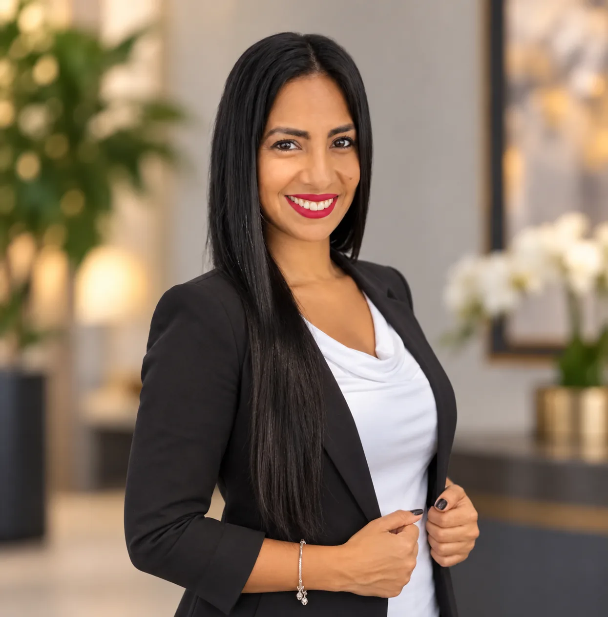 Carmen Palacios Camacho, Licensed Mental Health Counselor, seated in her office and smiling at the camera